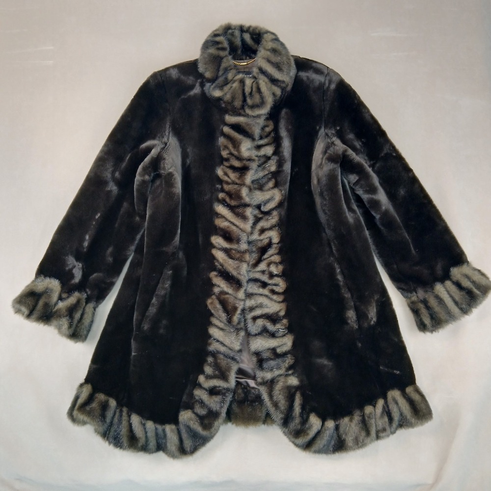 VTG Jones New York Medium Womens Long Coat Faux Fur Chocolate Brown 21x35 Luxury